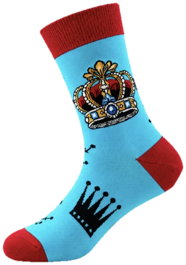 Crown sock, blue with a red cuff and a royal crown