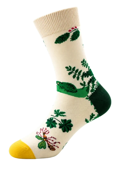 Frog sock, cream with green plants and a yellow toe