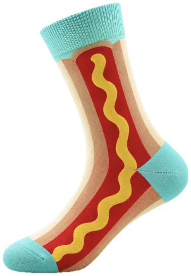Hot Dog sock, beige with ketchup and mustard and a teal cuff