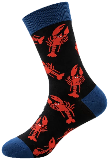 Lobster sock, black with red lobsters and a blue cuff
