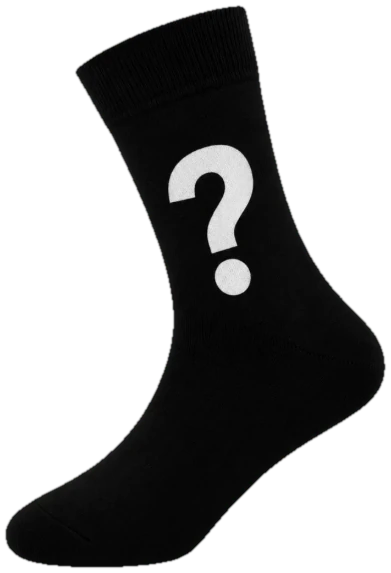 The secret sock, black with a white question mark